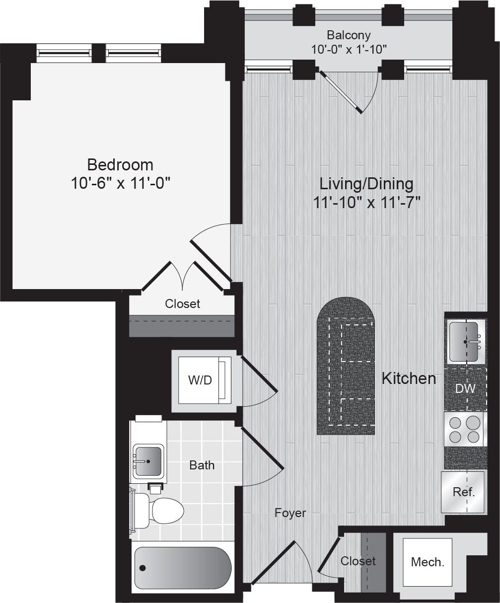 Floor plan for 1 bed, 1 bath, 517 sqft