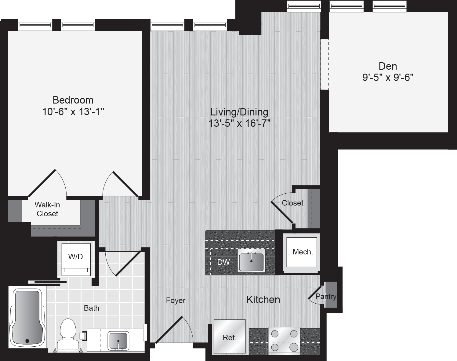 Floor plan for 1 bed, 1 bath, 758 sqft