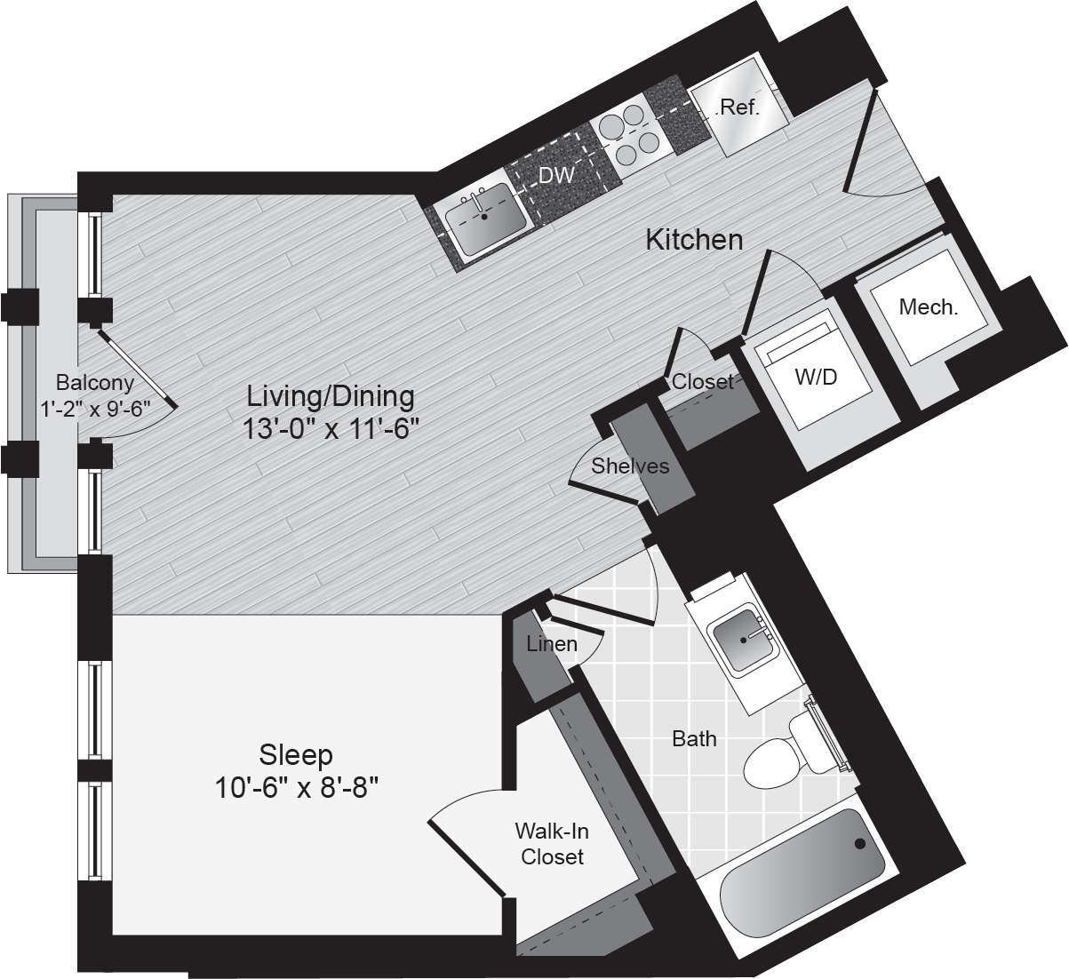 Floor plan for studio, 1 bath, 485 sqft