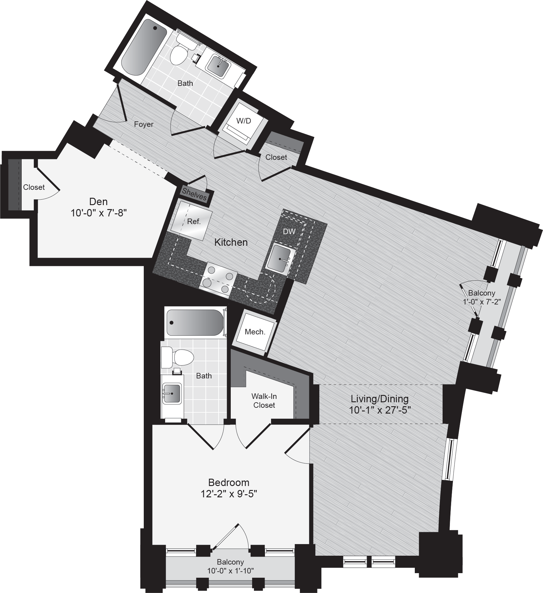 Floor plan for 1 bed, 2 baths, 923 sqft