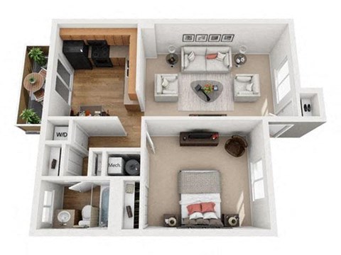 Floor plan for 1 bed, 1 bath, 705 sqft