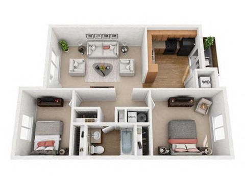 Floor plan for 2 beds, 1 bath, 865 sqft