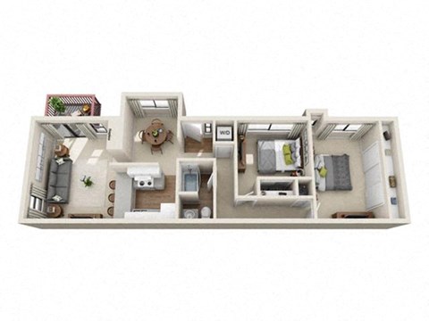 Floor plan for 2 beds, 1 bath, 950 sqft