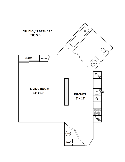 Floor plan for studio, 1 bath, 520 sqft