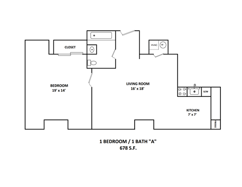 Floor plan for 1 bed, 1 bath, 678 sqft