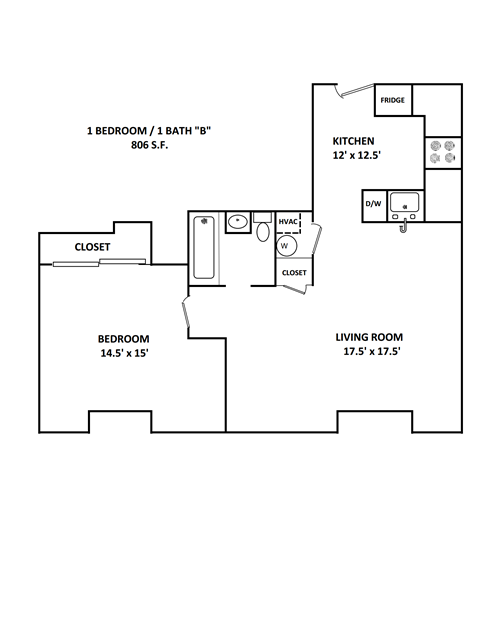Floor plan for 1 bed, 1 bath, 806 sqft