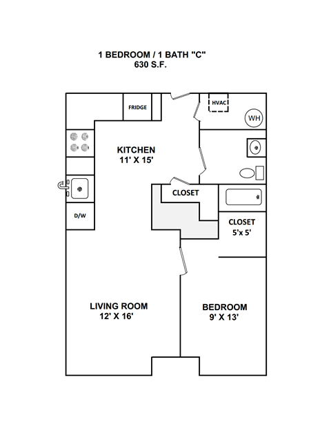 Floor plan for 1 bed, 1 bath, 620 sqft