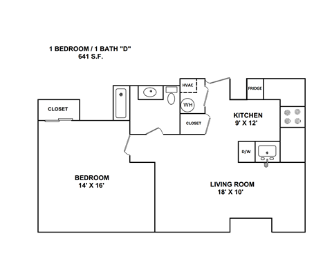 Floor plan for 1 bed, 1 bath, 641 sqft