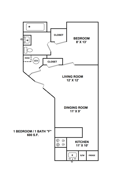 Floor plan for 1 bed, 1 bath, 600 sqft