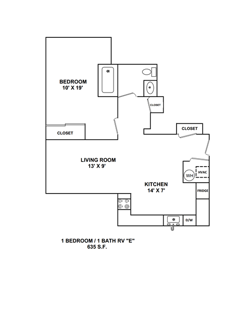 Floor plan for 1 bed, 1 bath, 635 sqft