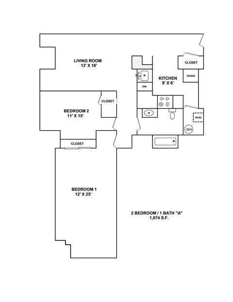Floor plan for 2 beds, 1 bath, 1074 sqft