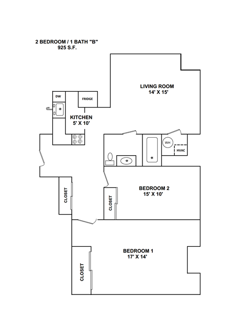 Floor plan for 2 beds, 1 bath, 925 sqft