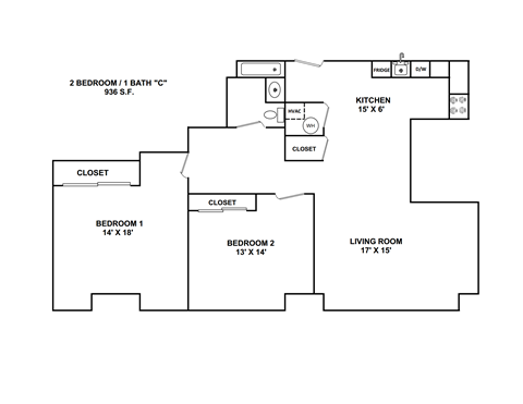 Floor plan for 2 beds, 1 bath, 936 sqft