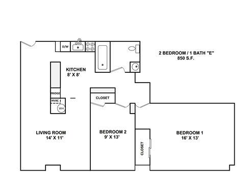 Floor plan for 2 beds, 1 bath, 850 sqft