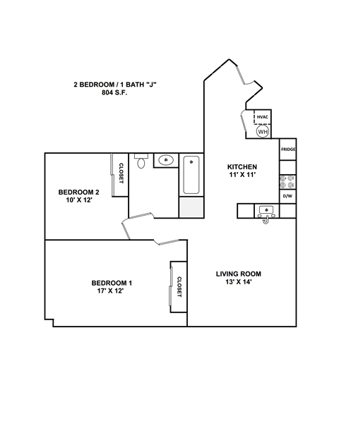 Floor plan for 2 beds, 1 bath, 804 sqft