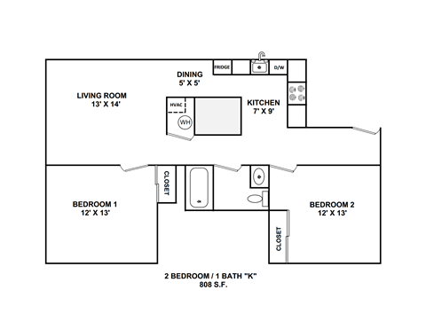 Floor plan for 2 beds, 1 bath, 808 sqft