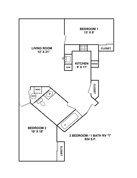 Floor plan for 2 beds, 1 bath, 824 sqft