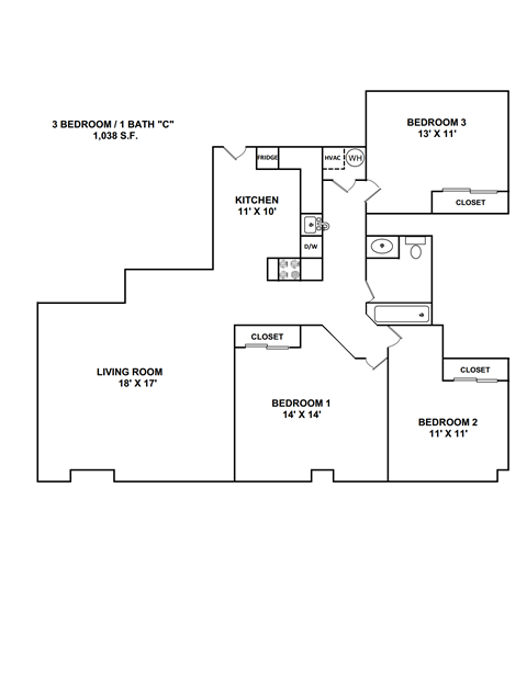 Floor plan for 3 beds, 1 bath, 1038 sqft