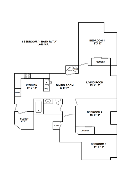 Floor plan for 3 beds, 1 bath, 1040 sqft