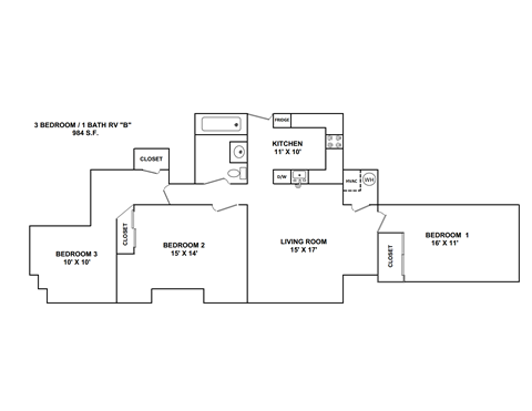 Floor plan for 3 beds, 1 bath, 984 sqft