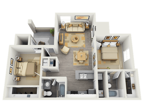 Floor plan for 2 beds, 2 baths, 869 sqft