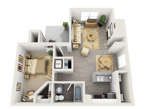 Floor plan for 1 bed, 1 bath, 665 sqft