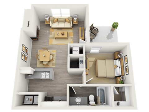 Floor plan for 1 bed, 1 bath, 645 sqft