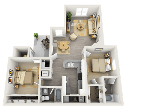 Floor plan for 2 beds, 2 baths, 1019 sqft