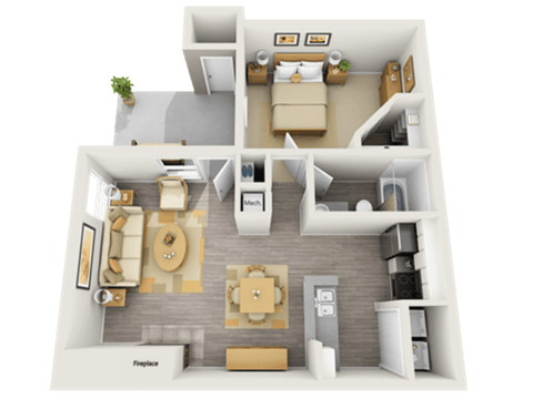 Floor plan for 1 bed, 1 bath, 698 sqft