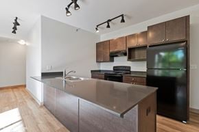 Whitefish apartment for rent - A modern kitchen with a black refrigerator and stove.
