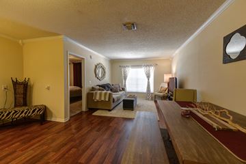 Tampa apartment for rent - A living room with a brown wooden floor and a rug.