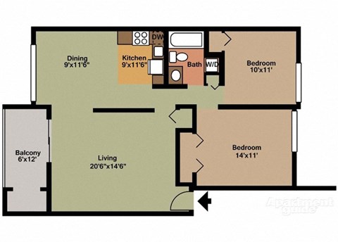 Floor plan for 2 beds, 1 bath, 985 sqft