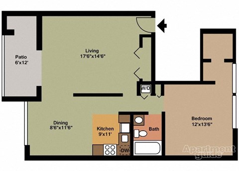 Floor plan for 1 bed, 1 bath, 894 sqft