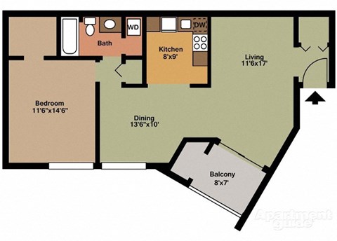 Floor plan for 1 bed, 1 bath, 846 sqft