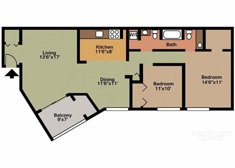 Floor plan for 2 beds, 2 baths, 1103 sqft