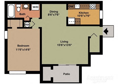 Floor plan for 1 bed, 1 bath, 750 sqft