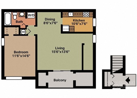 Floor plan for 1 bed, 1 bath, 750 sqft