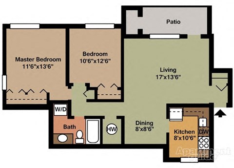 Floor plan for 2 beds, 1 bath, 1160 sqft
