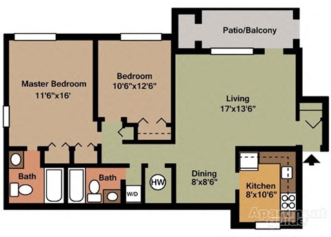 Floor plan for 2 beds, 2 baths, 1200 sqft