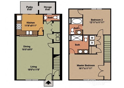 Floor plan for 2 beds, 2.5 baths, 1320 sqft