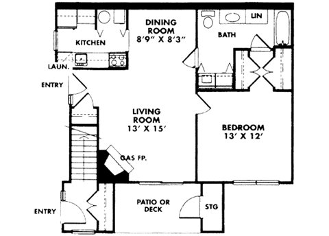 Floor plan for 1 bed, 1 bath, 753 sqft