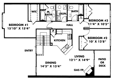 Floor plan for 3 beds, 2 baths, 1530 sqft