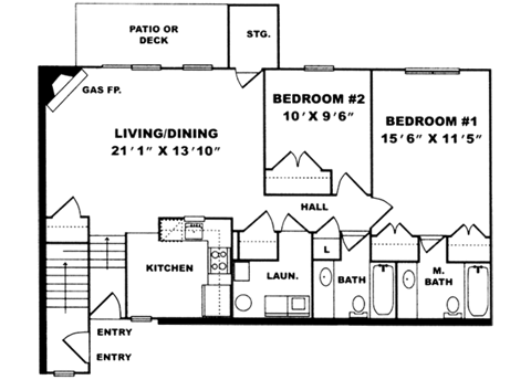 Floor plan for 2 beds, 2 baths, 1083 sqft