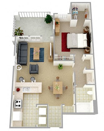 Floor plan for 1 bed, 1 bath, 727 sqft