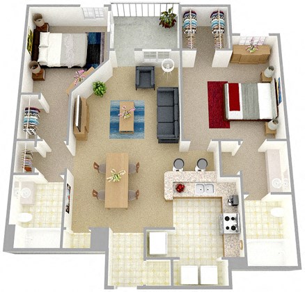Floor plan for 2 beds, 2 baths, 894 sqft