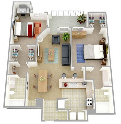 Floor plan for 2 beds, 2 baths, 1001 sqft