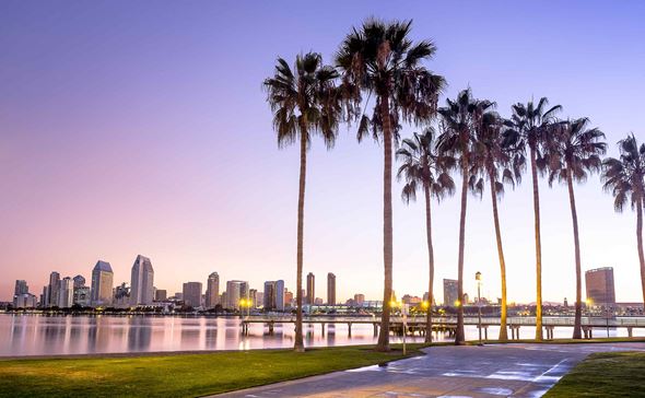 Coronado apartment for rent - a city skyline at dusk with palm trees and a pier