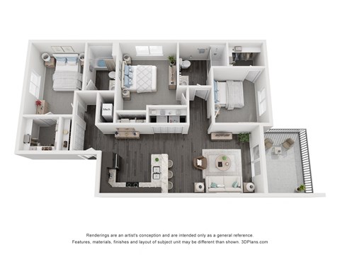 Floor plan for 3 beds, 2 baths, 1265 sqft
