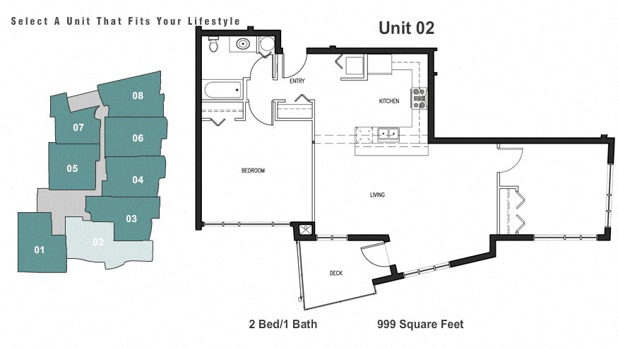 Floor plan for 2 beds, 1 bath, 999 sqft