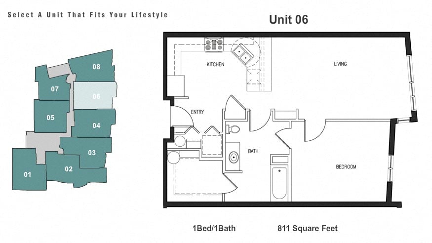 Floor plan for 1 bed, 1 bath, 793 sqft